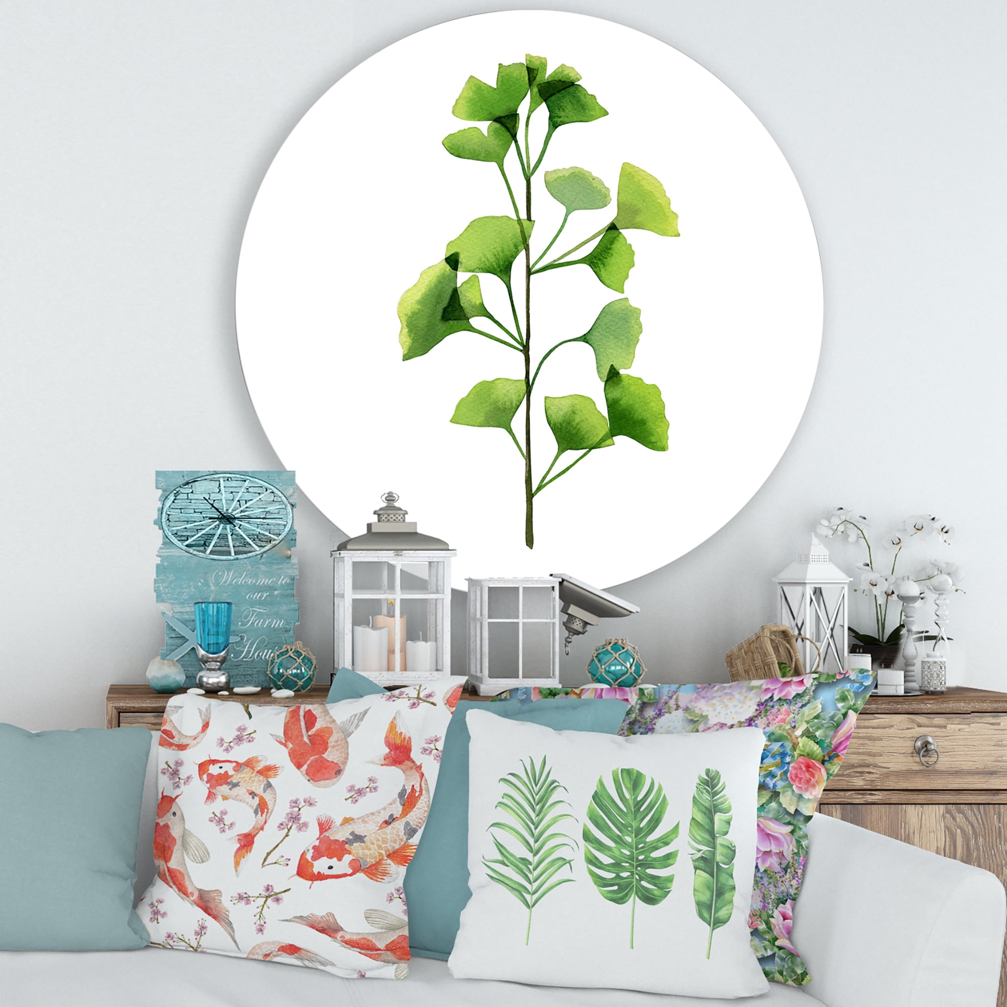 Designart 'Green Field Plant Foliage Branch' Farmhouse Circle Metal Wall Art 36x36 - Disc of 36