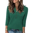 thumbnail image 2 of 3/4 Length Sleeve Womens Tops Summer V Neck Button 3/4 Sleeve Shirts Womens Casual Solid Cotton Like Loose Fits Lightweight Comfy Short Sleeve T Shirt, 2 of 5