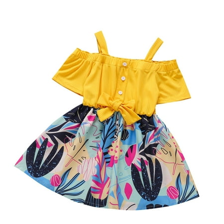 

CLZOUD Dress Kids Girl Yellow Polyester Toddler Baby Kids Girls Short Sleeve Strap Ribbed Floral Princess Dress Bowknot Party Casual Dresses 1-6Y 3-4Y