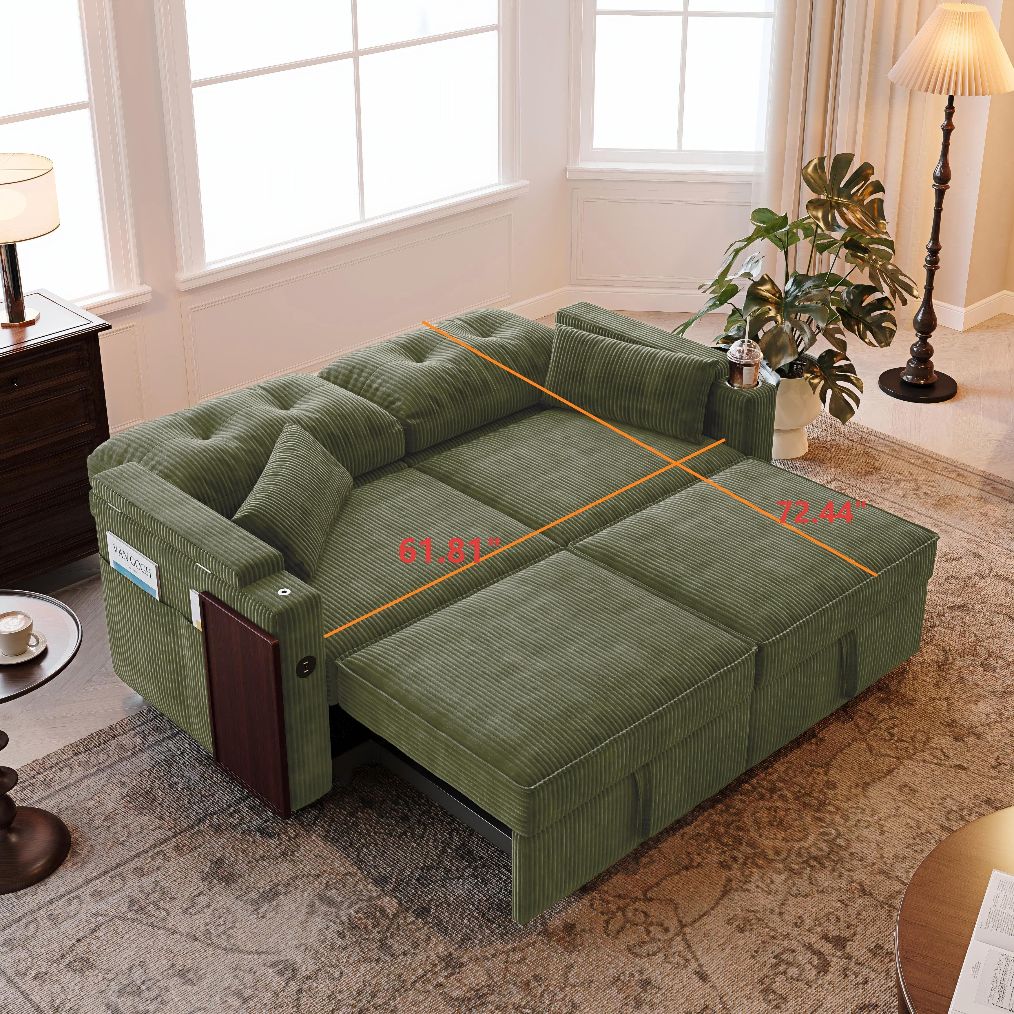 Aukfa 73" 3-in-1 Convertible Sleeper Sofa Bed, Corduroy Pull-Out Couch with 360° Swivel Side Table, USB Ports & Storage Armrests, Oversized Queen, Green
