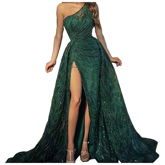 Wdgfv Womens Sequin Dress Elegant Feather One Shoulder Prom Evening Dress for Women Wedding Party Gown Formal Attire
