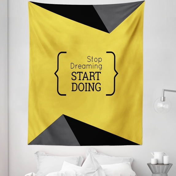 Saying Tapestry, Geometric Design with a and Wise Saying in Brackets, Fabric Wall Hanging Decor for Bedroom Living Room Dorm, 5 Sizes, Black and Yellow, by Ambesonne