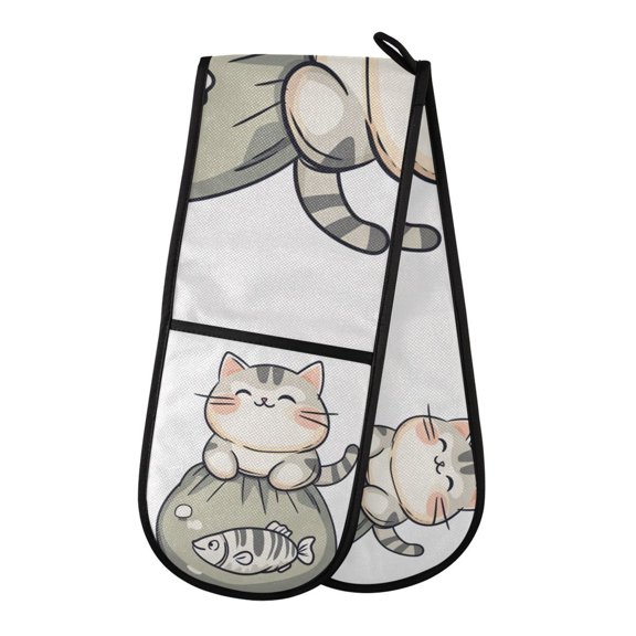 Yayeee Double Oven Mitt Kitchen Heat Resistant Baking 35" x7" Quilted Glove, Green Cute Cat