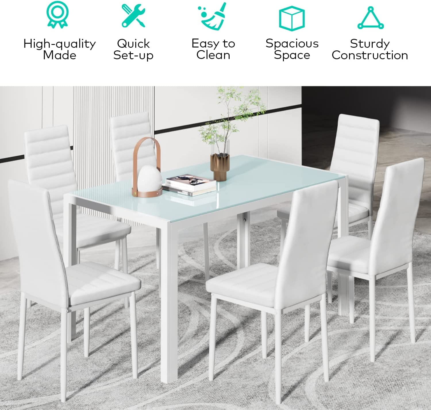 Aiho 6-Seater Modern Dining Table Set with PU Leather Chairs for Kitchen, Small Spaces, White
