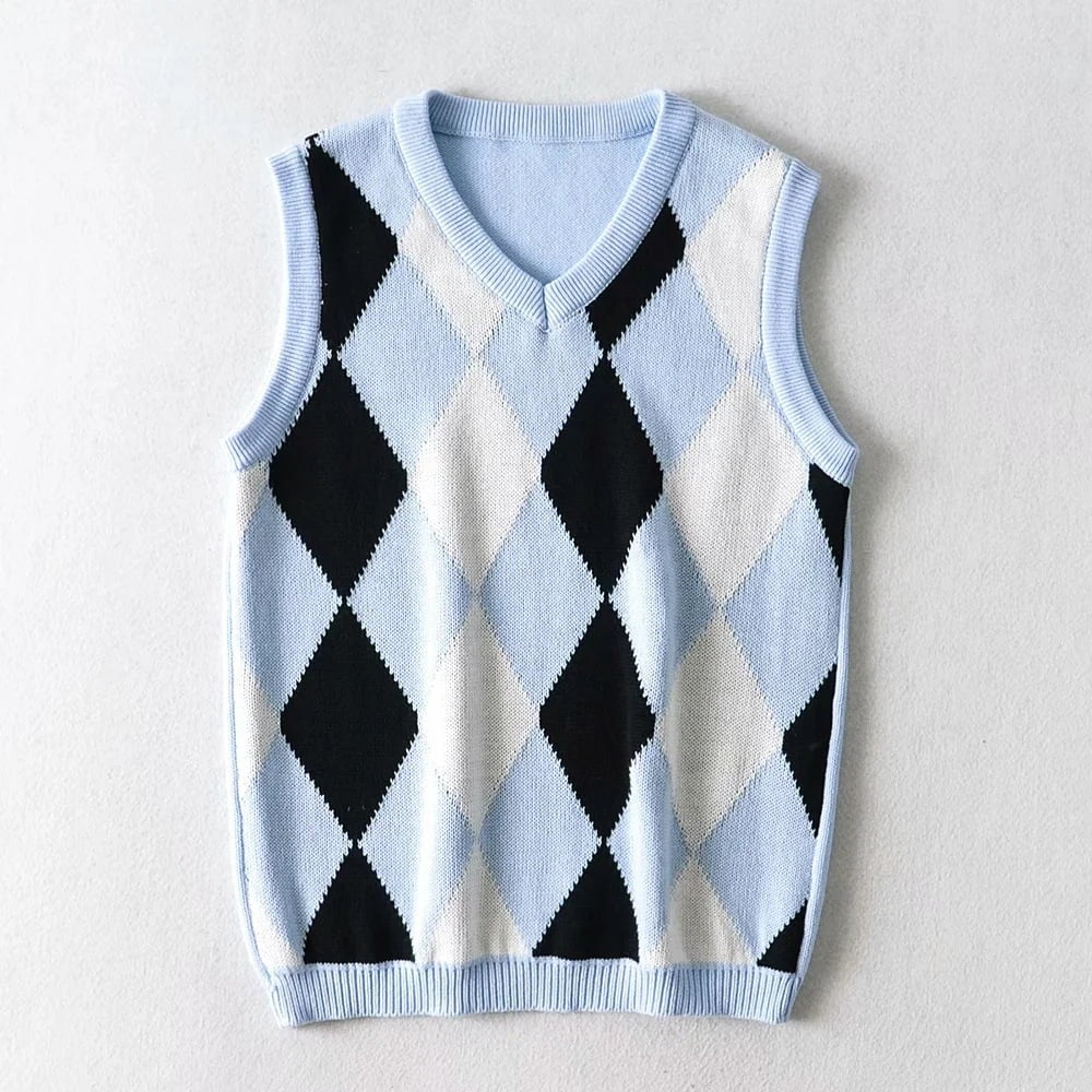BESTSPR Sweater Vest Women Diamond Plaid Knitted Sleeveless Undershirt