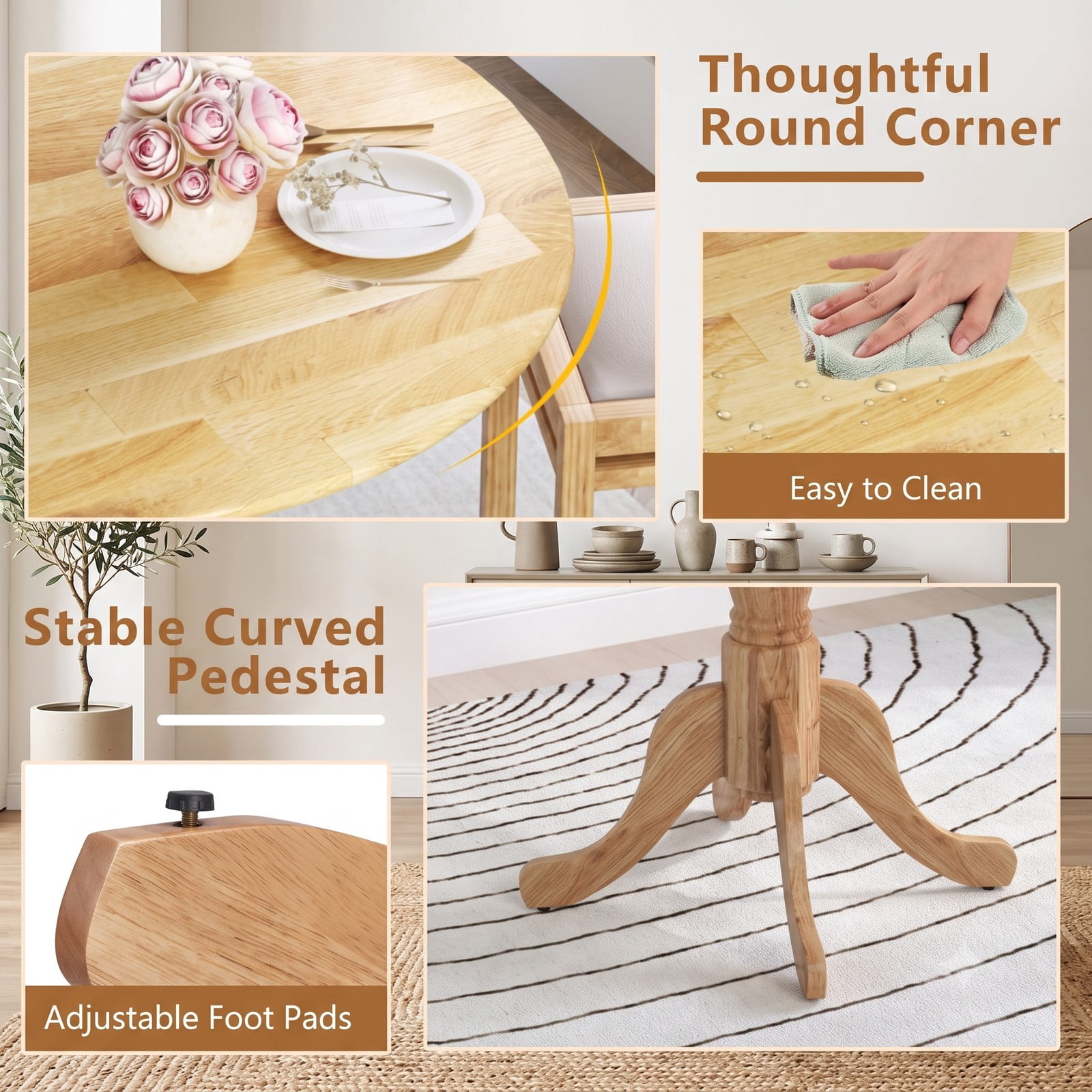 Furnibear Round Wooden Dining Table for 4, Kitchen Dinner Table with Curved Trestle Legs and Adjustable Foot Pads, Rubber Wood Small Dining Room Table, 39 Inch, Natural