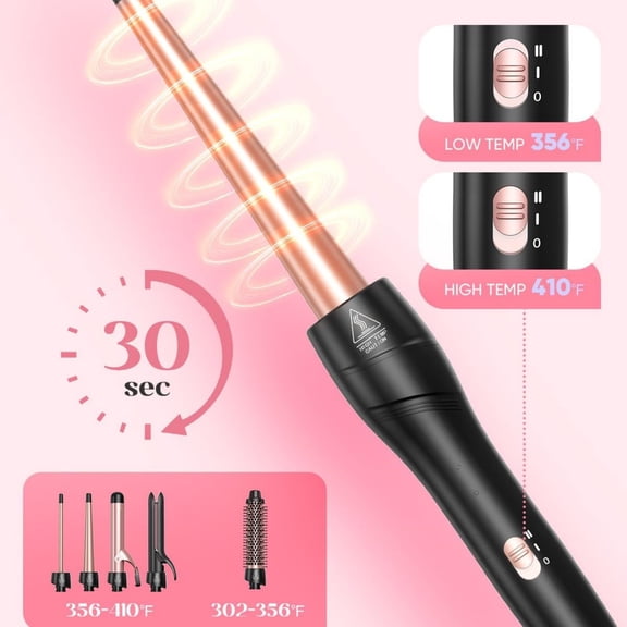 5 in 1 Curling Iron with Thermal Brush and 4 Interchangeable Ceramic Barrels(1/2 to 1 1/2 inch), Curling Wand Set with Flat Iron, Fast Heating, Dual Voltage Hair Curler