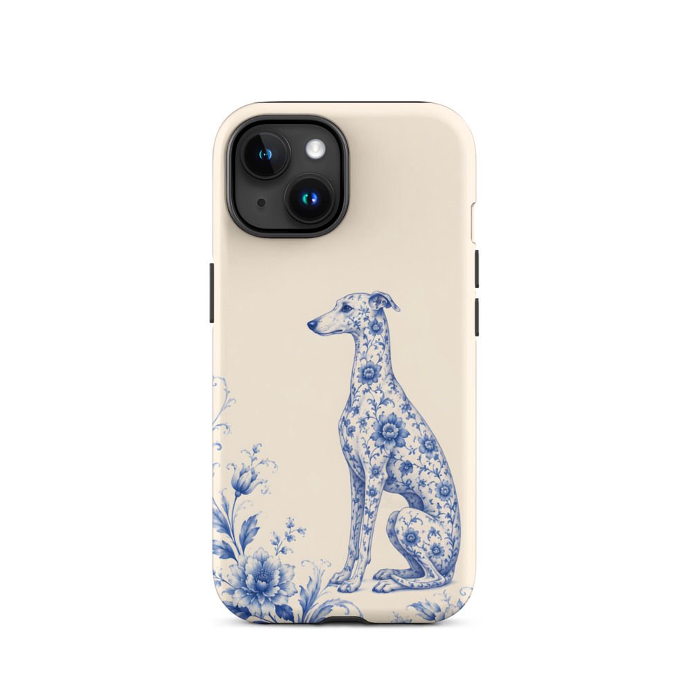 Blue Floral Greyhound Porcelain Rugged Phone Case for iPhone 15