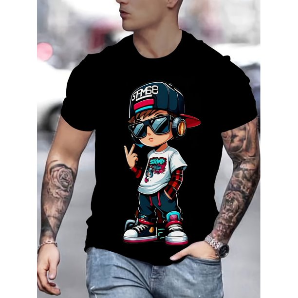 Men'S Novelty 3D Digital Print T-Shirt, Casual Crew Neck Short Sleeve, 100% Polyester Knit Fabric, Slight Stretch, Regular Fit, 110gsm - Streetwear Style
