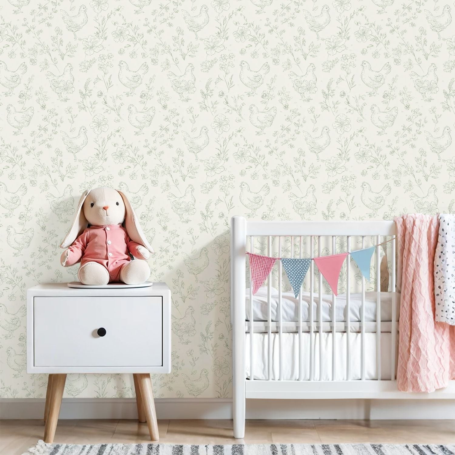 Peel and Stick Wallpaper 23.6in x 9.8ft Hand Drawn Chicken Floral Soft Green Tones Contact Paper Vinyl Waterproof Self Adhesive Wall Paper for Bedroom Shelf Cabinet Renter Friendly