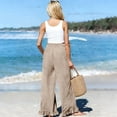 thumbnail image 4 of Lumtrix Linen Pants Women Wide Leg Ruffle Hem Palazzo Pants Elastic High Waisted Flowy Beach Vacation Trousers with Pockets Khaki M, 4 of 4