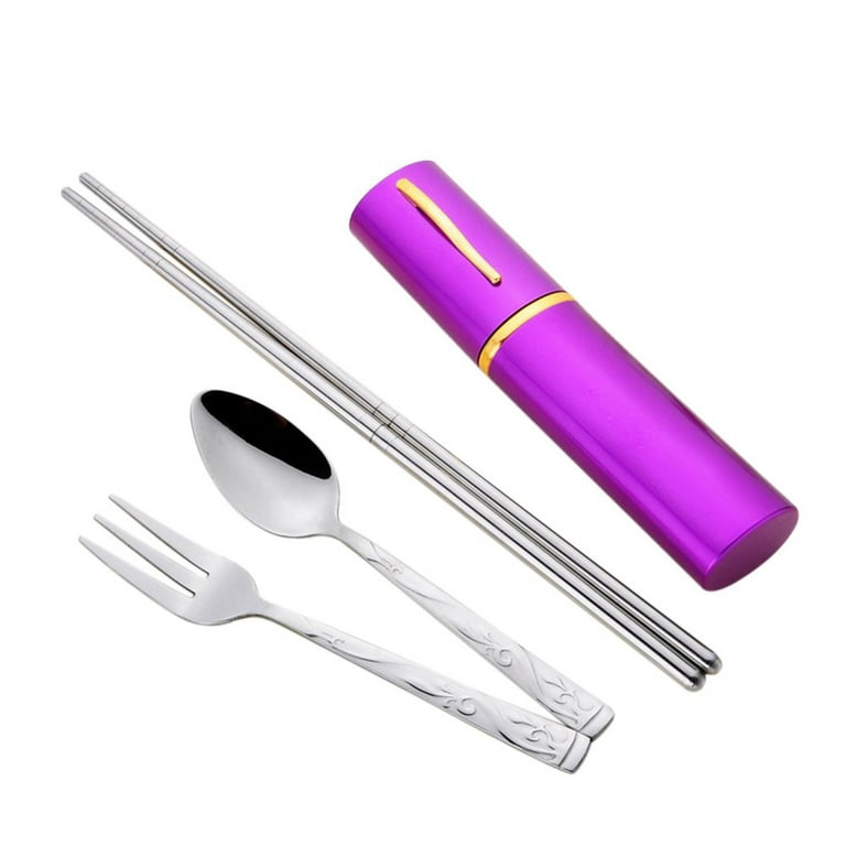 Outdoor With Storage Box Kitchenware Kit Camping Folding Dinnerware  Tableware Cutlery Set Stainless Steel PURPLE 