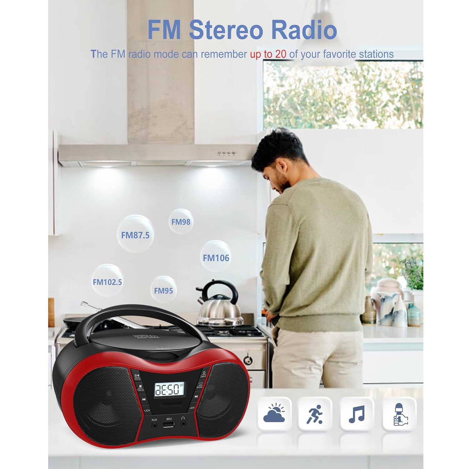 Portable CD Player Boombox with FM Radio,Bluetooth 5.1,Clear Sound,LCD Display,USB/AUX Input,AC/Battery Powered,CD/CD-R/CD-RW Compatible,3.5mm Headphone Jack,Sleep Timer for Home,Seniors,Kids Red