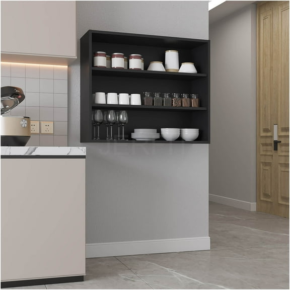 JERFIT 30 Inch Floating Wall Shelf, 3-Tier Black Engineered Wood Storage Organizer for Kitchen, Bathroom, Living Room