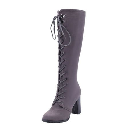 OJSFQUFP Winter Womens Boots Oversized Women s Boots Border Thick High Heel Side Zipper Tie High Boots Comfortable Fall Shoes Motorcycle Shoes for Women Grey 39