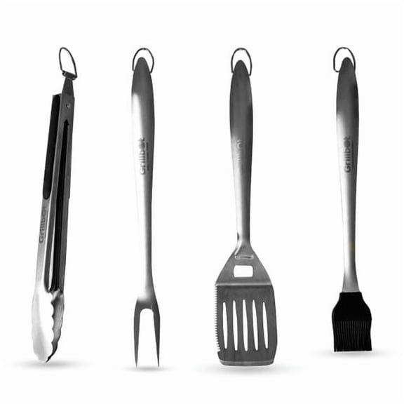 Grillbot 4 Piece Stainless Steel BBQ Grill Tools Set - Tongs, Spatula, Fork, Brush