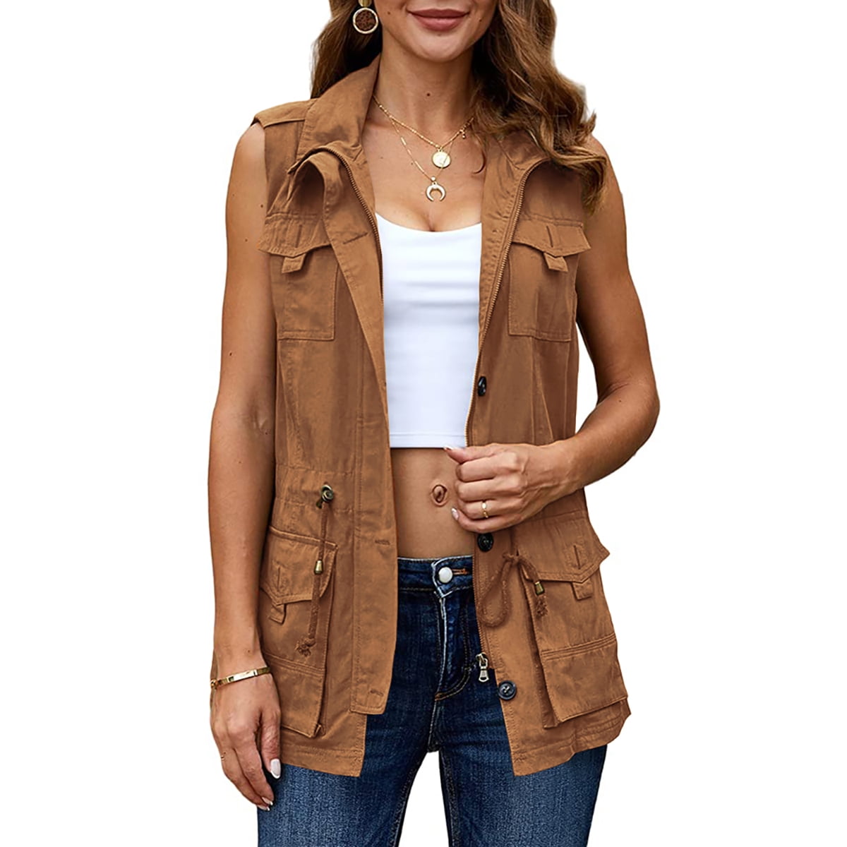 Langwyqu Women's Casual Vest Lightweight Sleeveless Drawstring Jackets