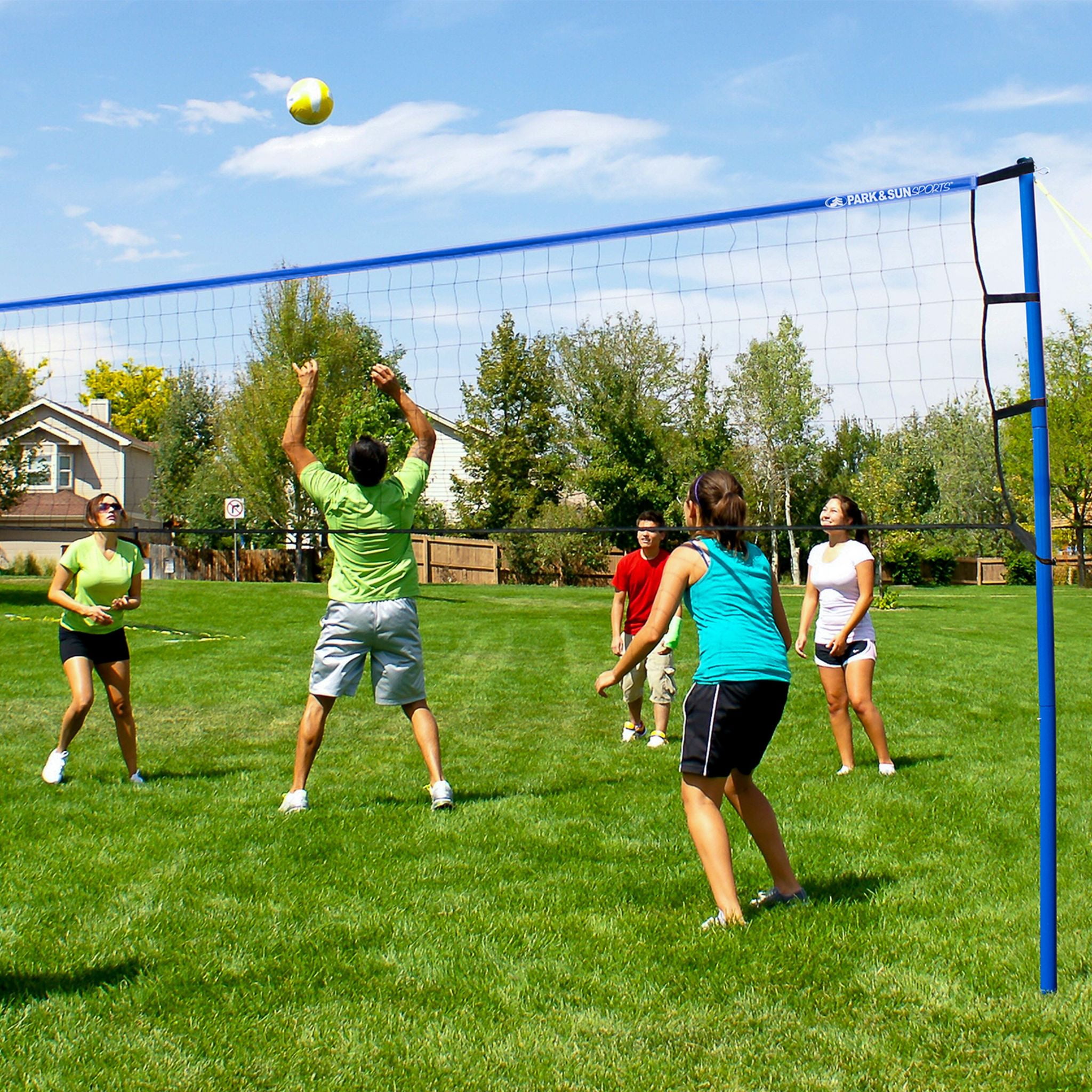 Park & Sun Spiker Sport Steel Volleyball Set – 3‑piece steel poles, adjusts to men’s/coed/women’s heights, regulation 32′ net, includes boundary, stakes, ball, pump & carry bag