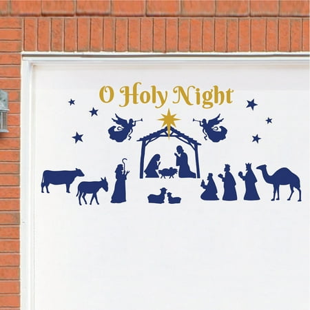 Nativity Scene Christmas Garage Door Magnet With Angles Starts Gold And Blue