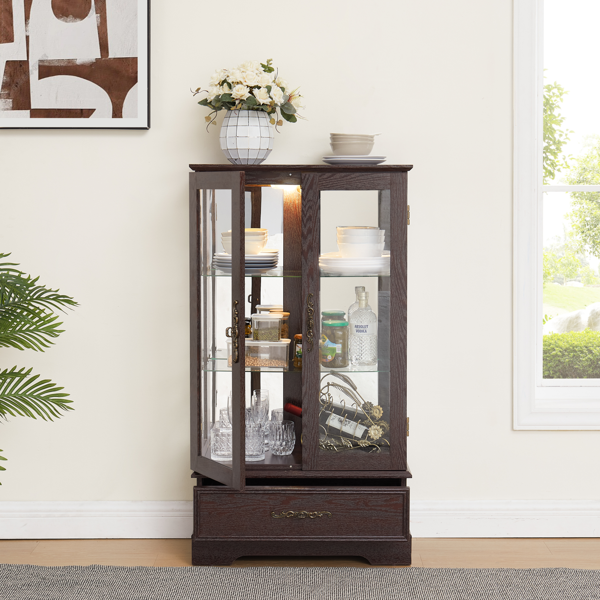 Leumius Glass Cabinet Lighted Glass Cabinet Curio Display Cabinet with Adjustable Glass Shelves 2 Doors and 1 Drawer for Living Room, Kitchen, Dining Room Cherry