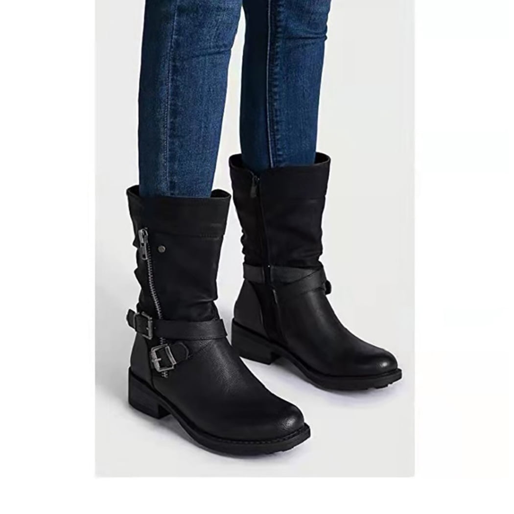 Mid Calf Boots Buckle Low Heel Side 