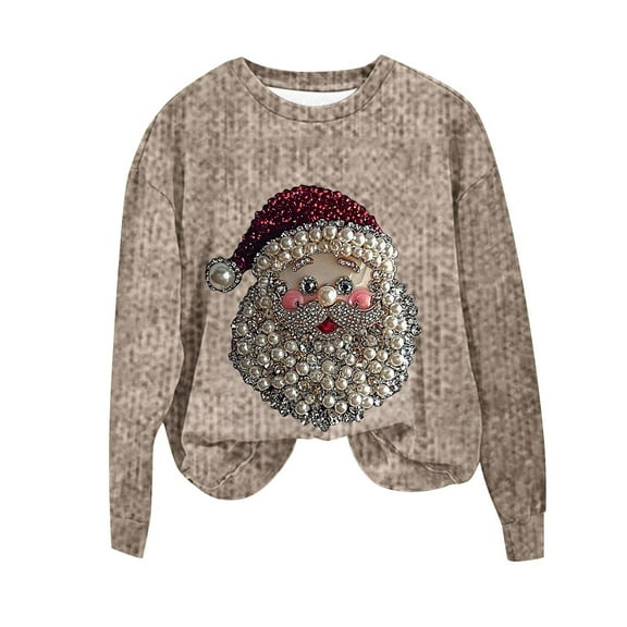 Christmas Sweatshirts for Women Retro Pearl Santa Claus 3D Graphic Long Sleeve Sweater Shirt Xmas Holiday Pullover Tops