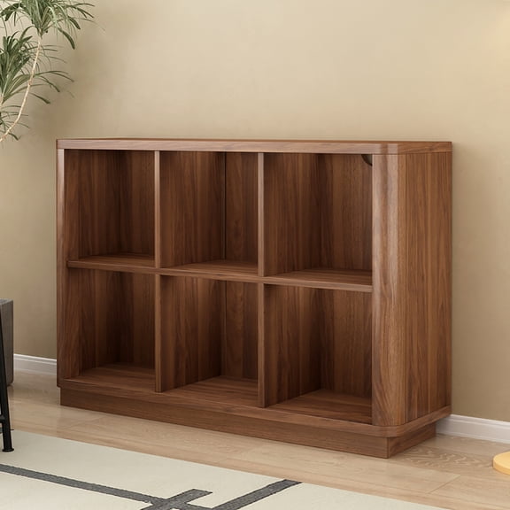 Walnut 6 Cube Storage Bookcase  40" Wide 2-Tier Low Horizontal Wood Bookshelf with Curved Edge for Home Office