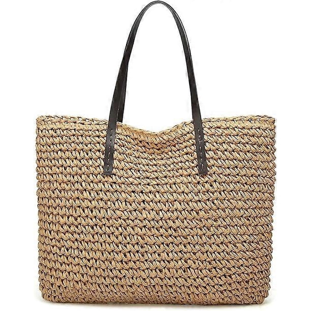 Straw Bag For Women, Summer Beach Bags Solid Color Womens Straw Purse Big Tote With Pom Poms