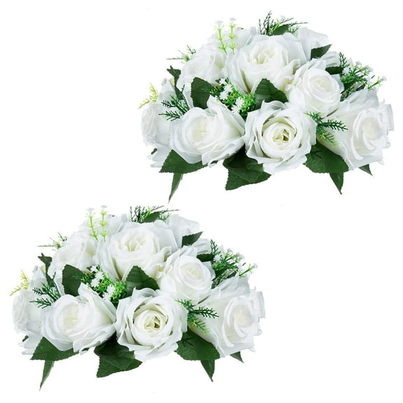 Nuptio Set of 2 White Rose Artificial Flower Kissing ball, 15 Heads Fake Peony Silk Flowers Bouquet for Centerpiece Wedding Birthday Party Home Table Decor