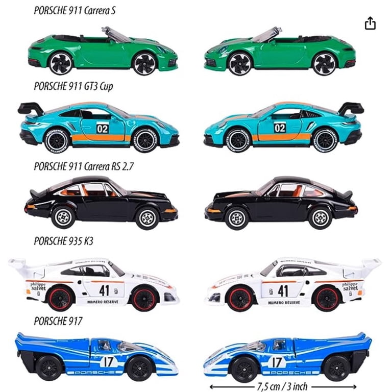 Majorette Porsche Edition 2023, 5 Diecast Cars, 1:64 Scale, Rubber