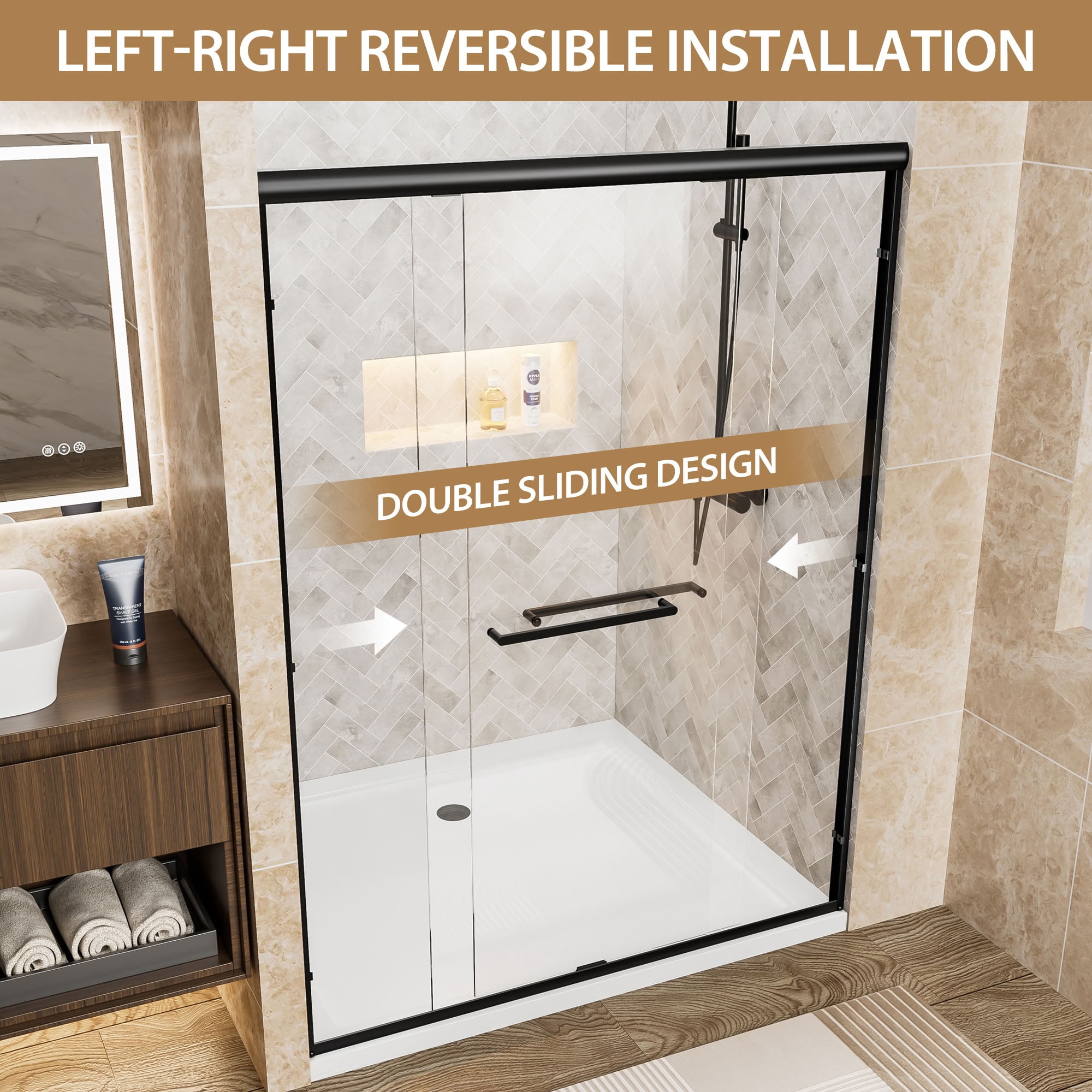 MAYEERTY Double Sliding Shower Door, Matte Black Aluminum Frame, 1/4" Tempered Safety Glass with Explosion-Proof Film, Waterproof & Reversible Installation