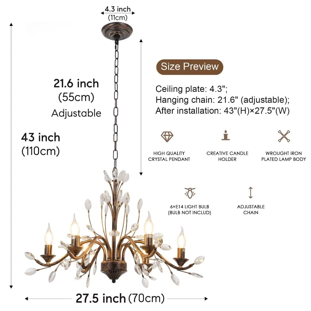 KPIBEST 6 Light Vintage Candle Chandelier, French Luxury Crystal Chandelier for Dining Room Foyer Living Room (D31.5 Inch x H43 Inch)