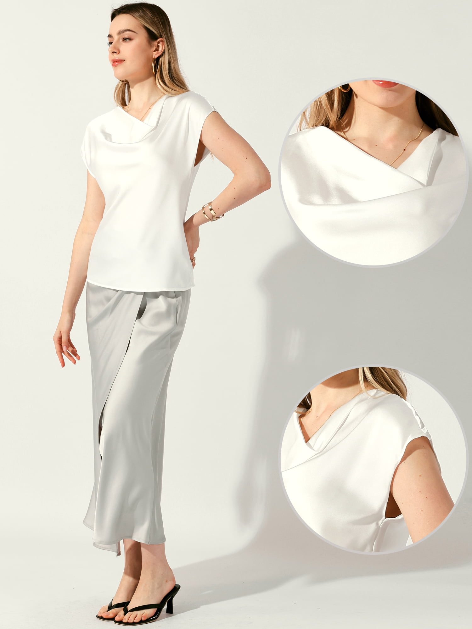 DARING DIVA Women's Satin Cowl Neck Short Sleeve Casual Blouses L White