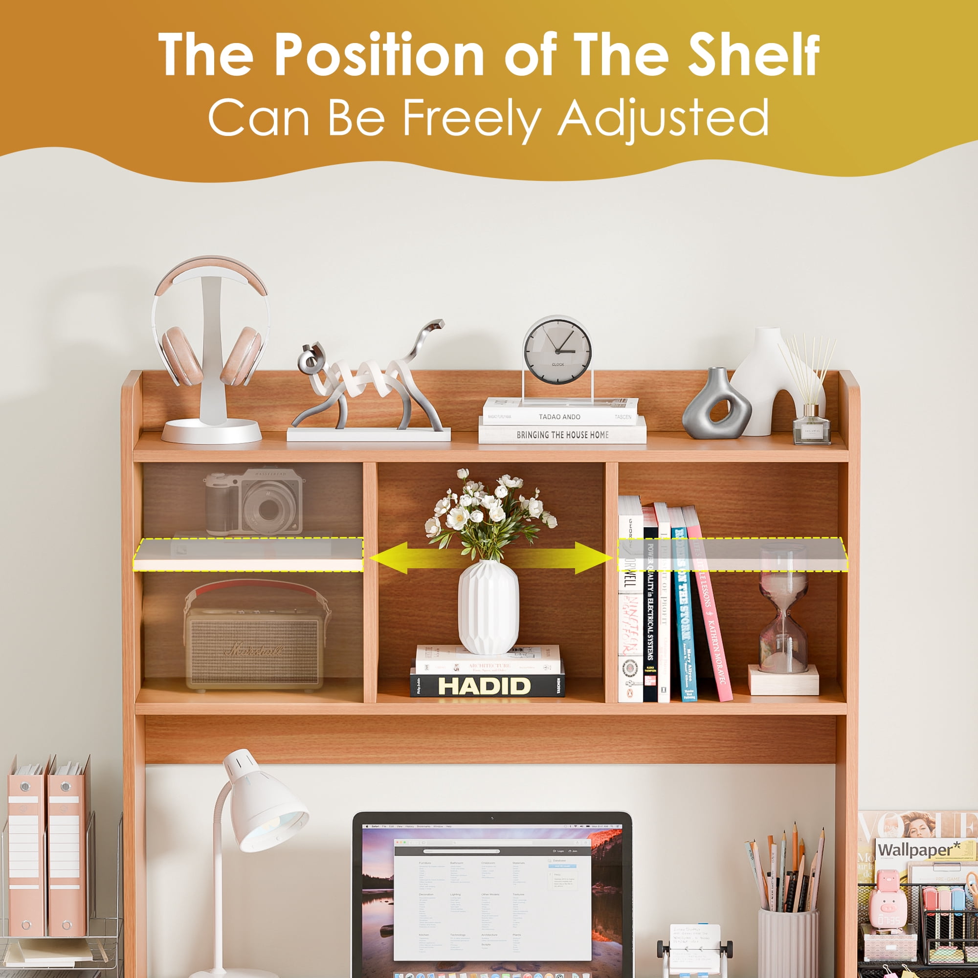 HomGarden 37-in Desktop Bookshelf 2-Tier Desktop Display Rack Desk Organizer Shelf for Storage Home Office Dorm, White