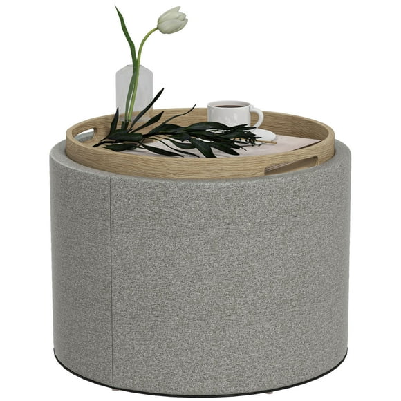 HOMCOM Round Coffee Table with Tray Top, Storage and Linen Upholstery