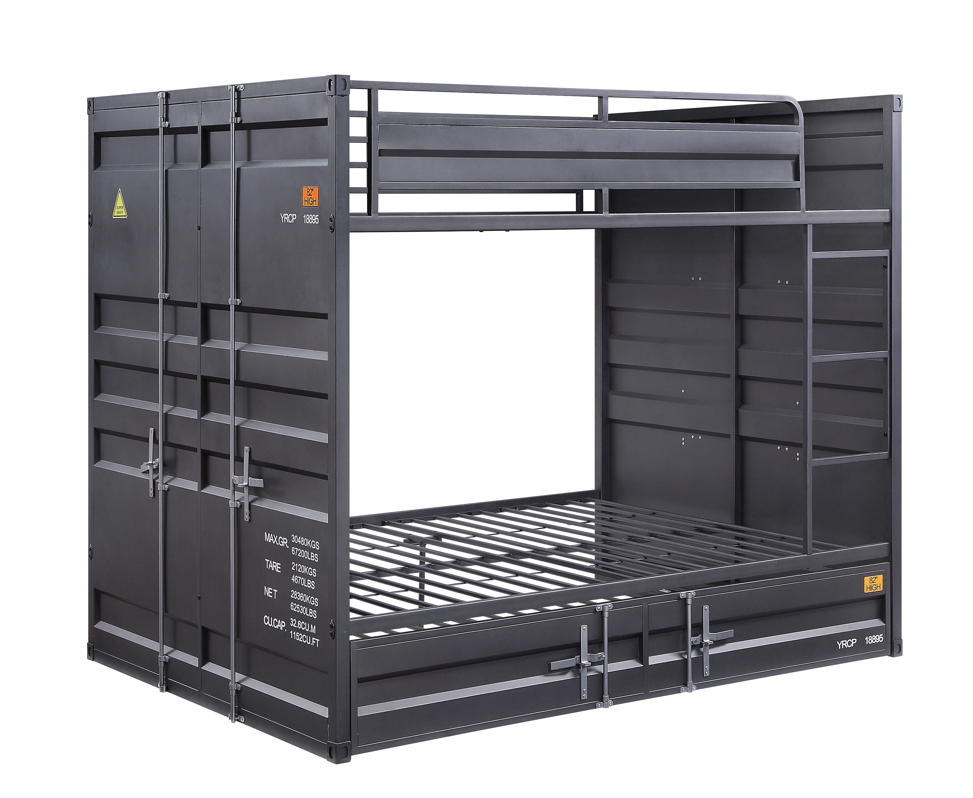 Acme Furniture Cargo Kids Metal Full-over-Full Bunk Bed with Guard Rail and Slat System, Gunmetal