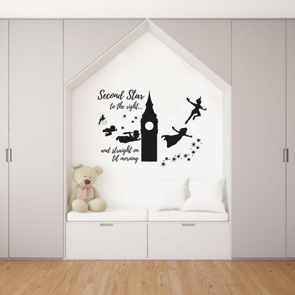 Peter Pan And Friends Tinkerbell Flying Silhouette Second Star To The Right - Quote Vinyl Wall Art Wall Decal Wall Sticker Home Decoration Design Kids Girls Room Wall Décor Size (40x40 inch)