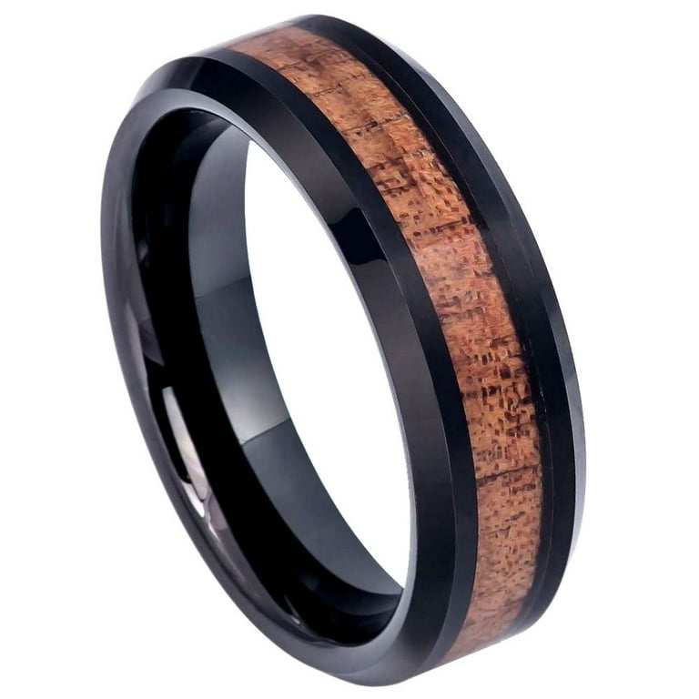 Wood Wedding Band for Women - 6mm Rose Gold Plated Tungsten Ring with Meteorite and Wood Inlay, Wedding Rings for Women, Women's Engagement Rings 6