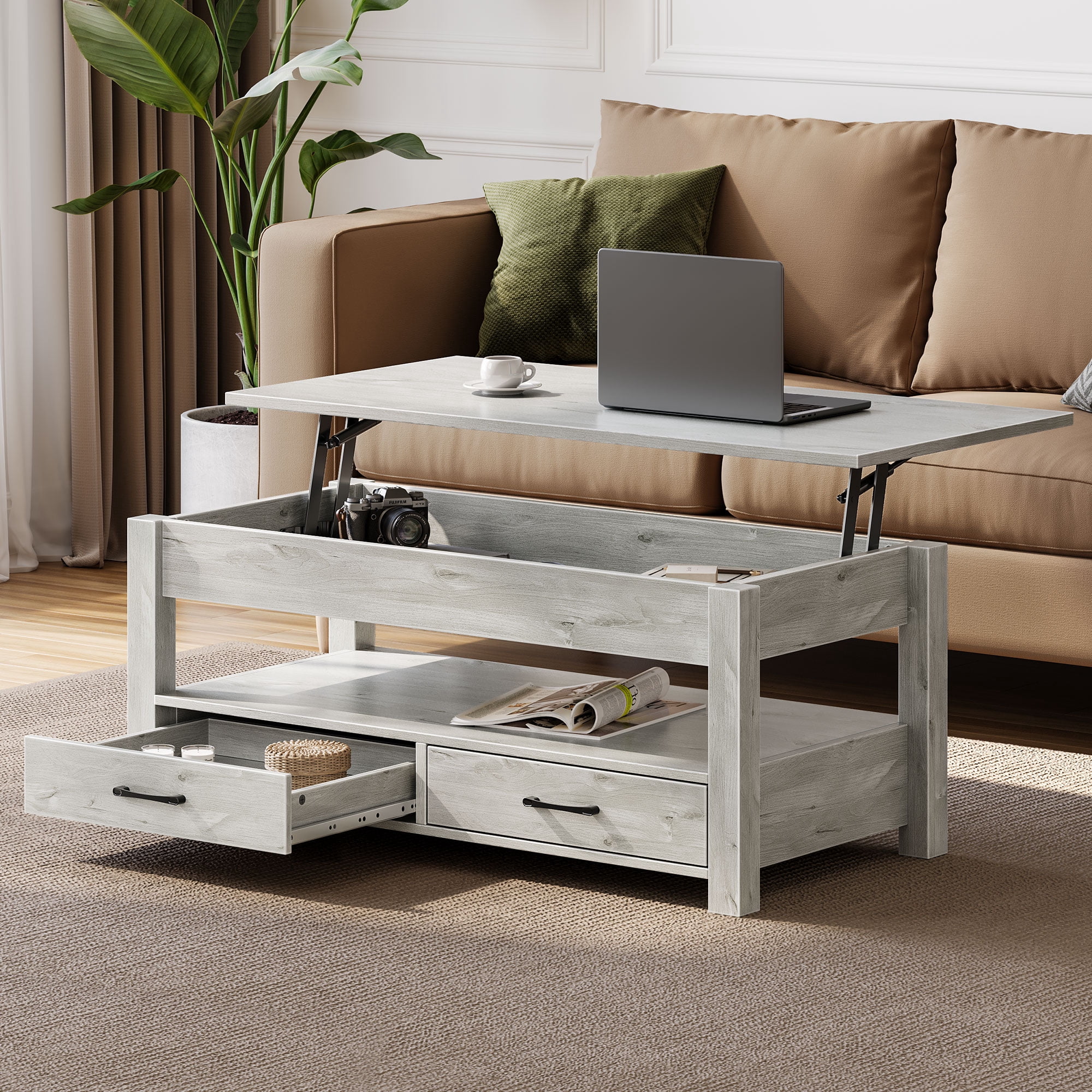 Greenstell Lift Top Coffee Table with 2 Drawers,39"Wide, Gray