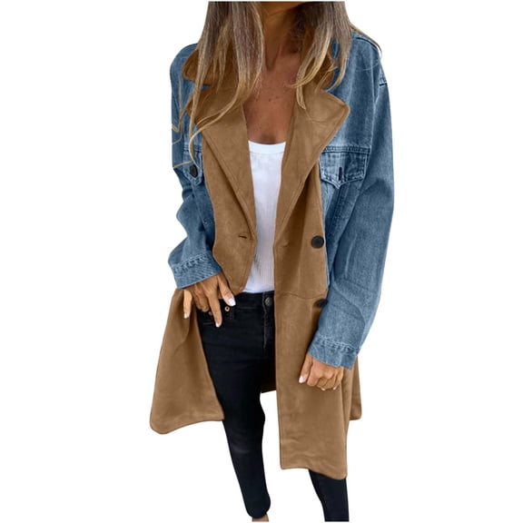 UYISJ Women's Long Jean Jackets Colorblock Long Sleeve Notched Collar Coat Mid Length Button Down Denim Outerwear with Pockets Khaki XL