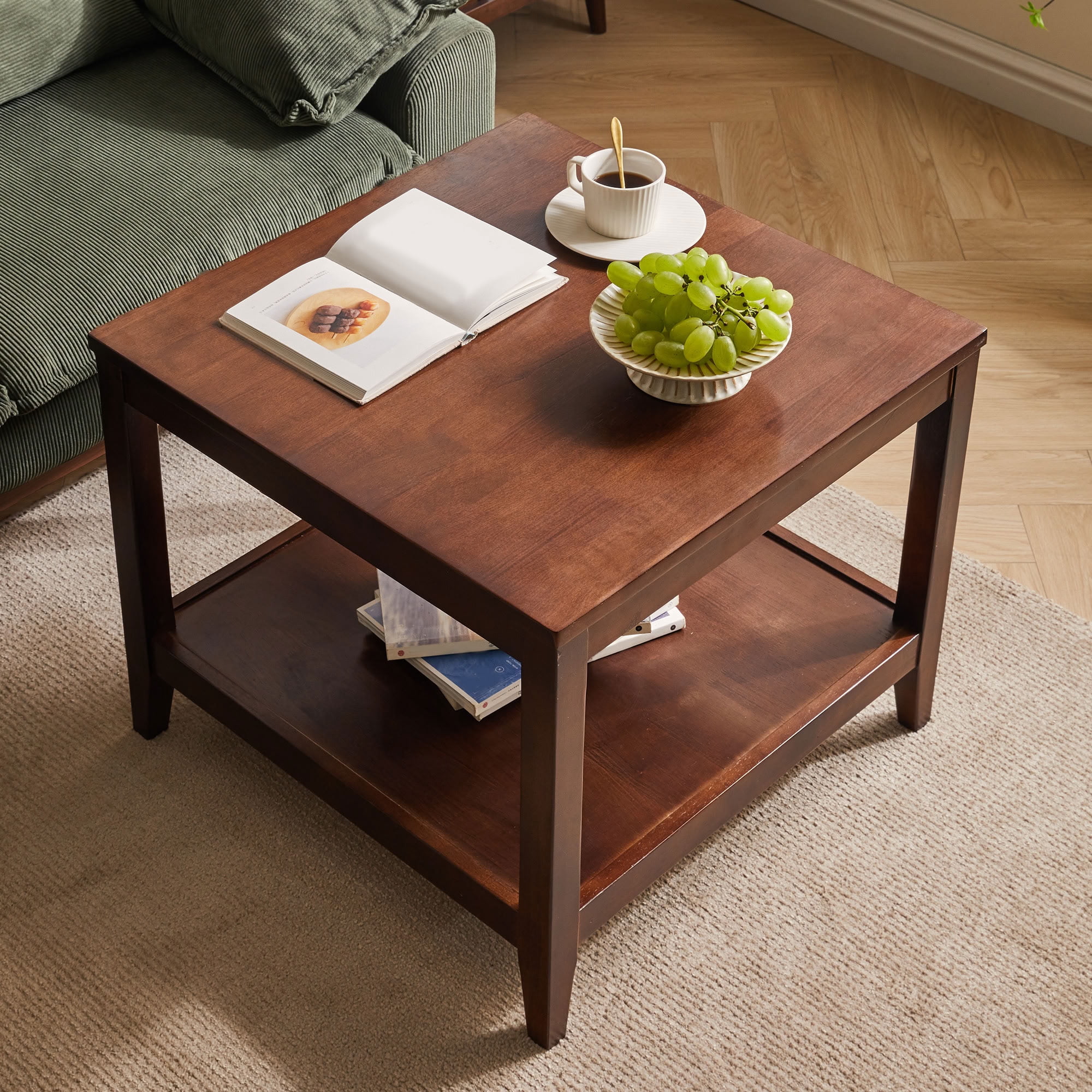 MAYEERTY Solid Square End Table with 2-Tier Storage Shelf, Classic Wooden Side Table for Living Room Bedroom Office Small Spaces