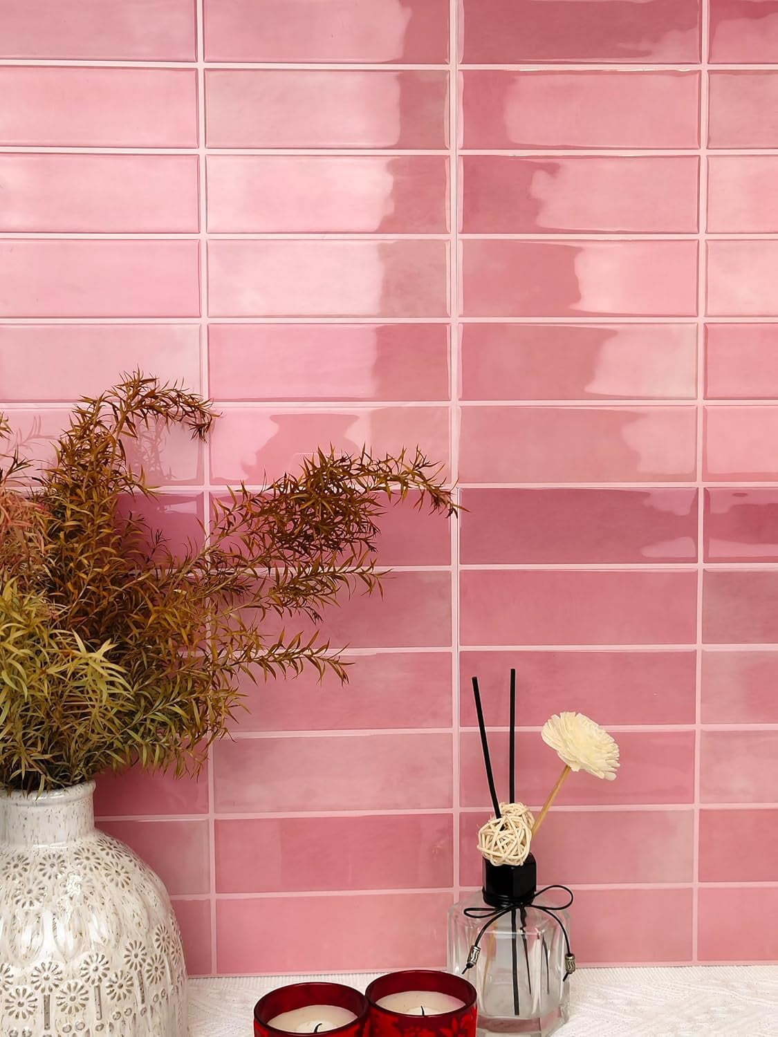 SELECT 5 Pack Peel and Stick Backsplash Subway Tiles, Extra Thick 3D Wall Panels, Heat & Water Resistant, Easy DIY Kitchen, Bathroom, Laundry, Fireplace & Rental Home Wall Décor (12 x 12 in), Pink