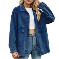Women's Oversized Denim Jacket Long Sleeve Boyfriends Vintage Jean Jackets Button Coat with Pockets Streetwear Dark Blue S