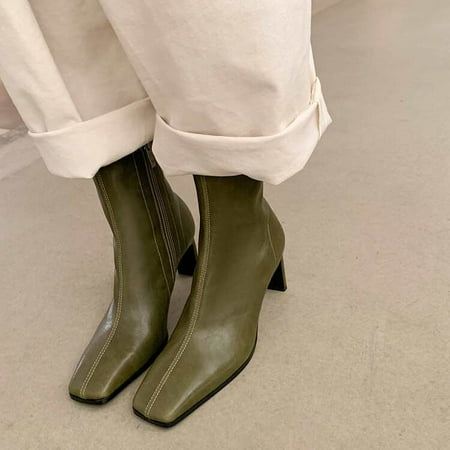 

Olive Green Stretch Boots Cowhide Short Boots Women‘s Thick Heel Autumn New Thick Heel Square Toe High Heels Slim Look Boots