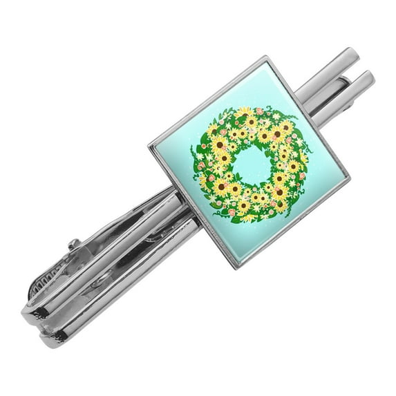 Summer Wreath Sunflowers Square Tie Bar Clip Clasp Tack- Silver or Gold