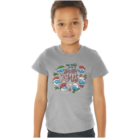 Smurfs We Wish You A Smurfy Christmas Kids T Shirt (4) for Toddler Boys and Girls, Athletic Heather