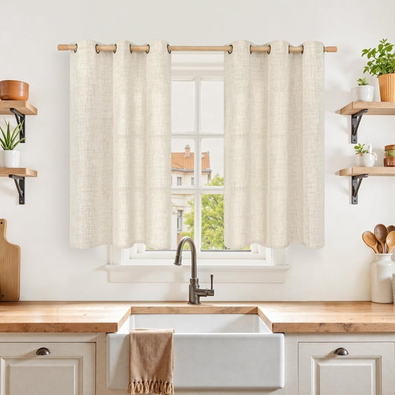 Linen Kitchen Window Curtains 40 Inch Length 2 Panels | Short Semi Sheer Drapes Light Filtering with Bronze Grommet Rustic for Bathroom Small Windows, 42 x 40 Inch
