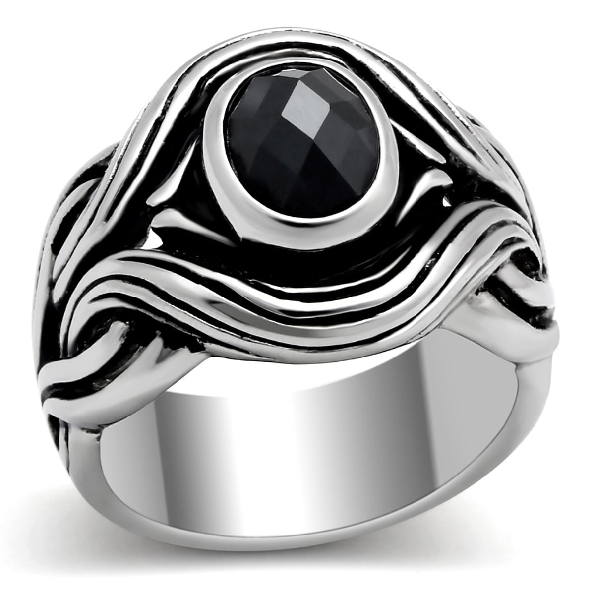MEN'S PRINCESS CUT JET BLACK CZ DOME STONE SILVER STAINLESS STEEL RING SIZE 8-13 