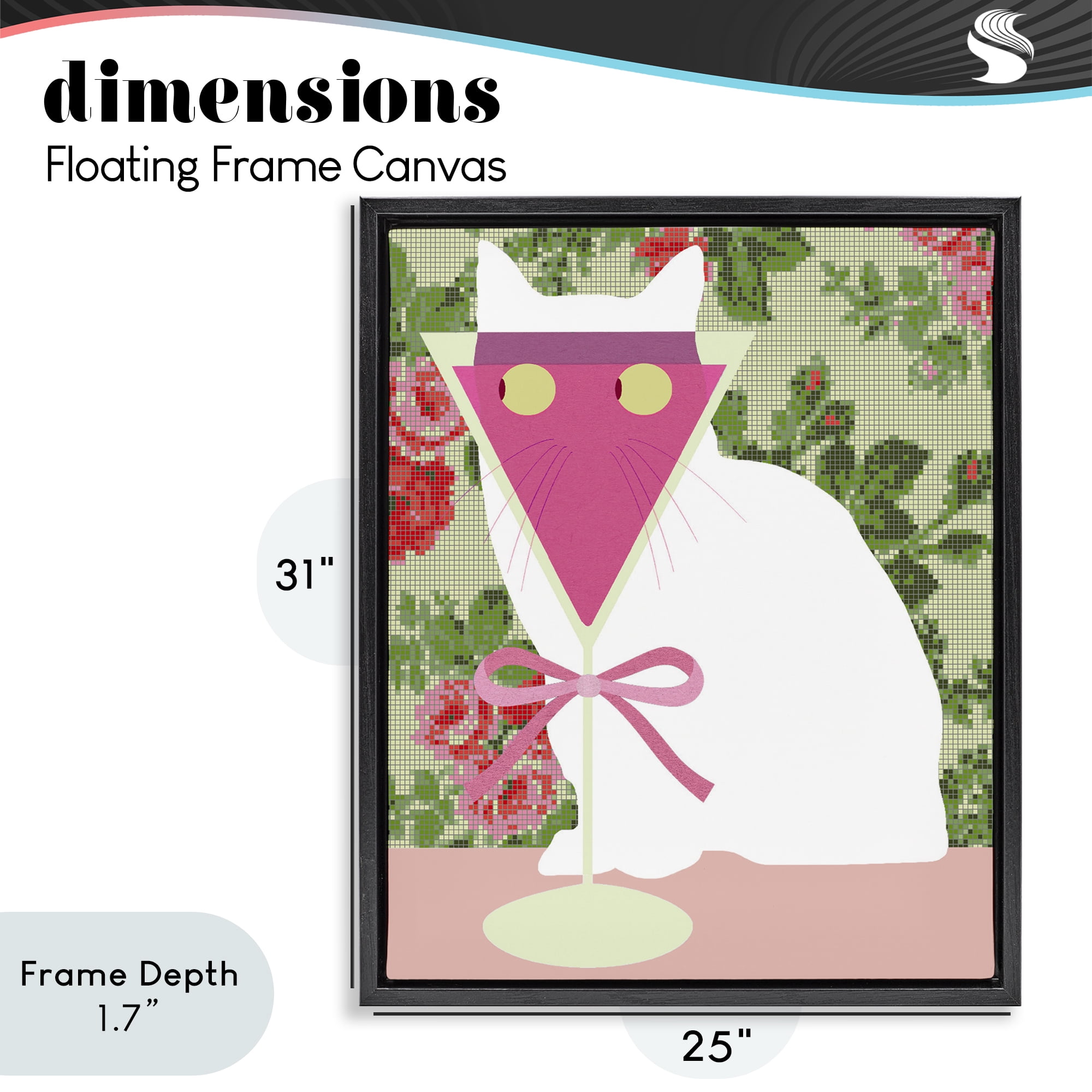 Stupell Industries White Cat with Pink Martini Black Framed Floater Canvas Wall Art, design by Lil' Rue