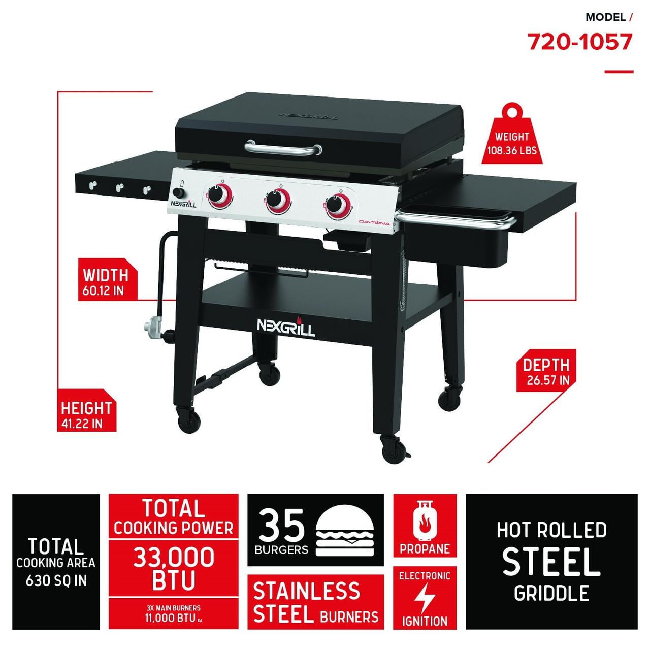 Daytona 3-Burner Propane Gas Grill 30 in. Flat Top Griddle in Black